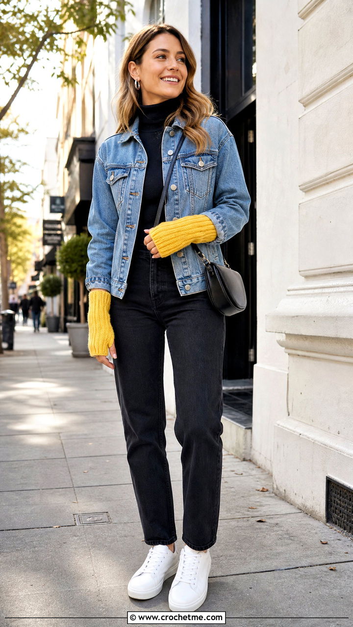 Ribbed Crochet Hand Warmers With Denim Jacket - 35 crochet hand warmers outfit ideas