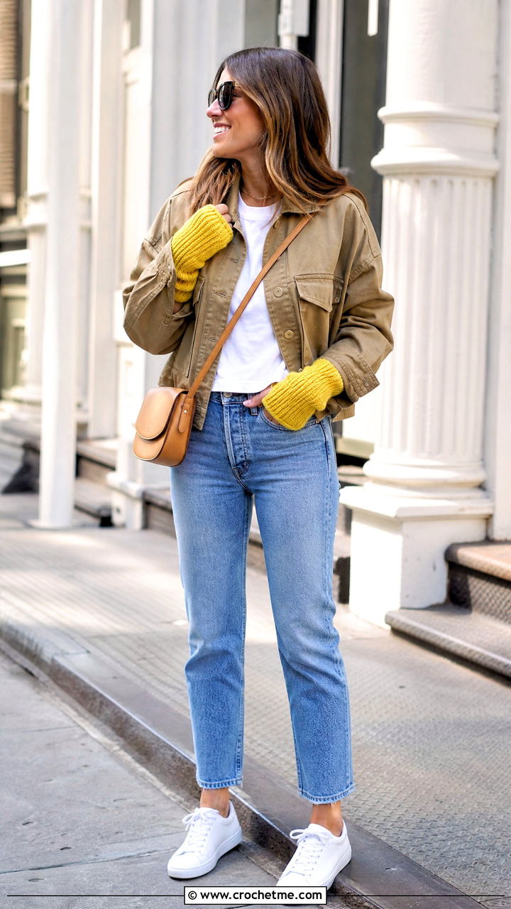 Ribbed Crochet Handwarmers With Straight Leg Jeans - 35 Crochet Handwarmer outfit ideas
