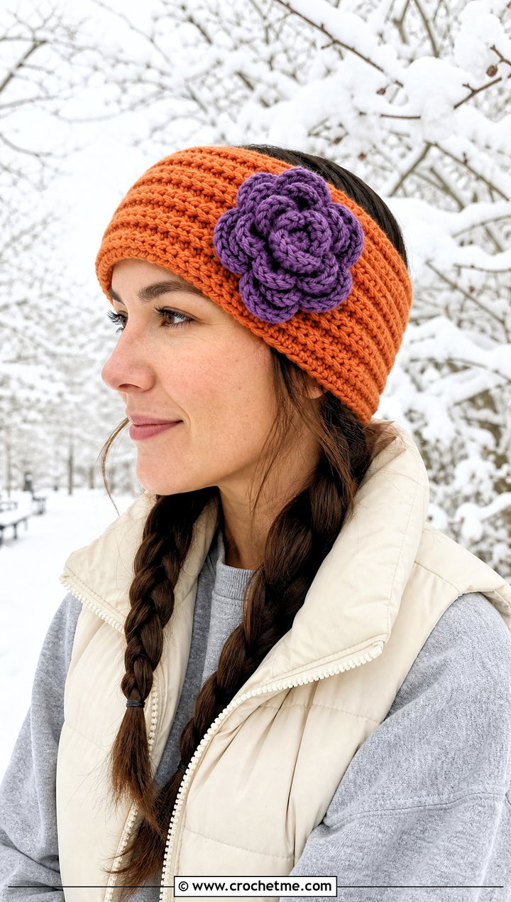 Ribbed Crochet Headband With Puffer Vest Outfit - 15 crochet headband with purple flower outfit ideas