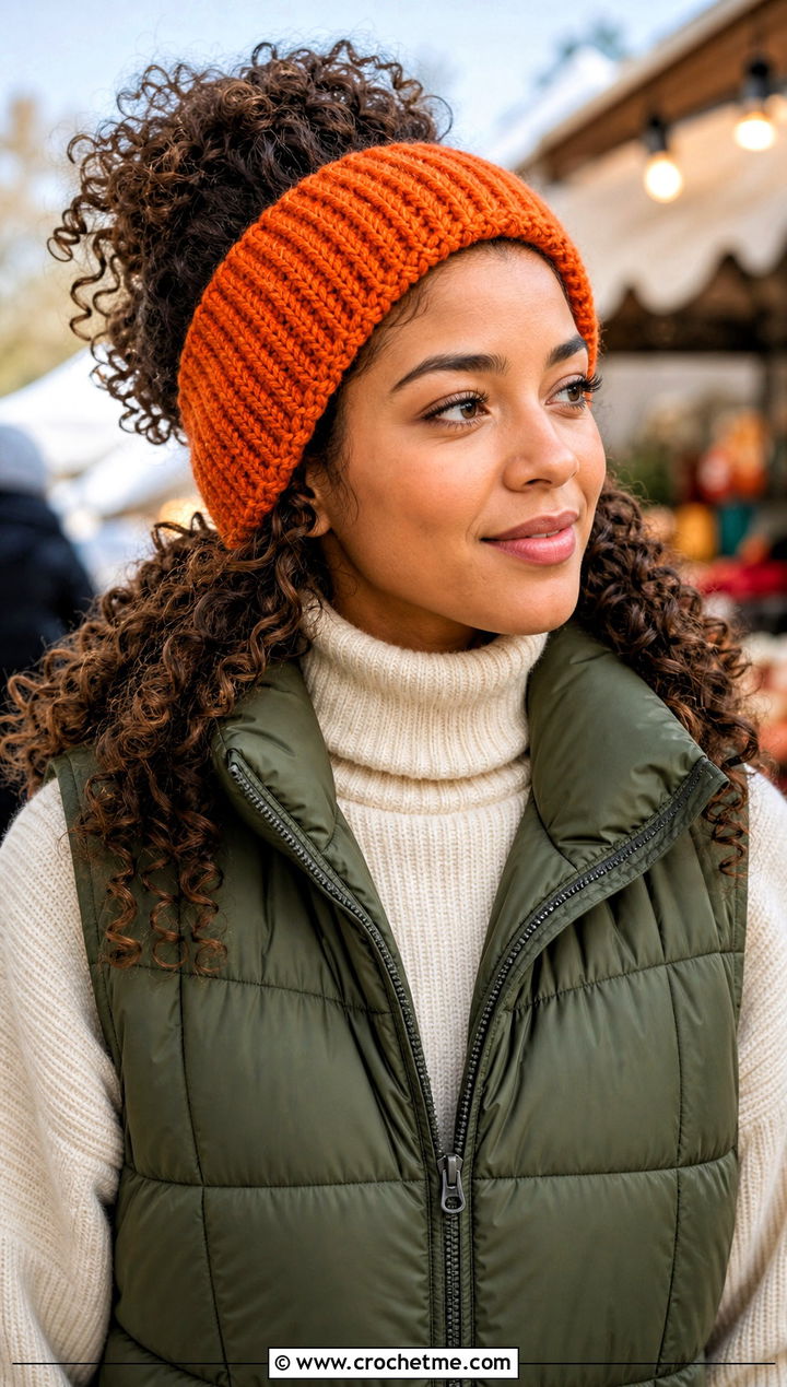 Ribbed Crochet Headband With Puffer Vest - 30 crochet headband curly hair outfit ideas