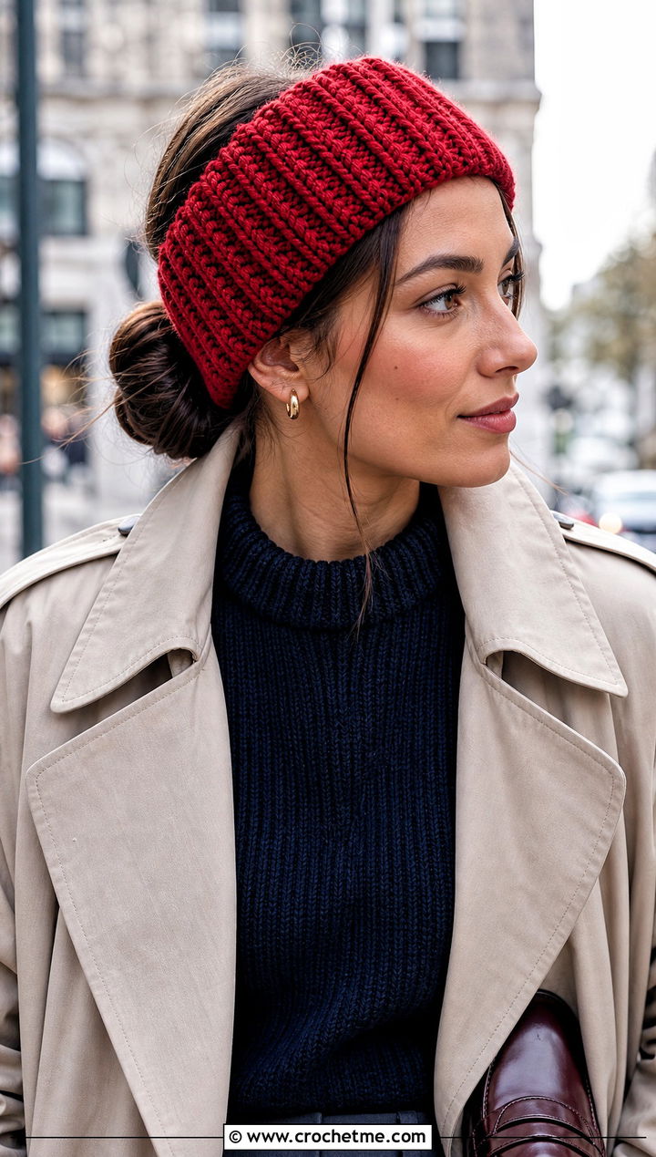 Ribbed Crochet Headband With Trench Coat - 25 Easy Crocheted Headbands Ear Warmers outfit ideas