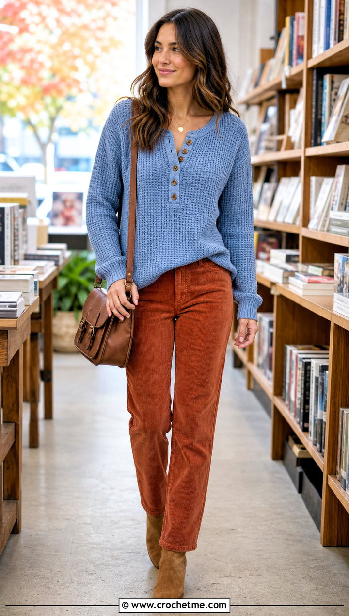 Ribbed Crochet Henley Sweater With Corduroy Pants - 25 Ribbed Crochet Sweater outfit ideas