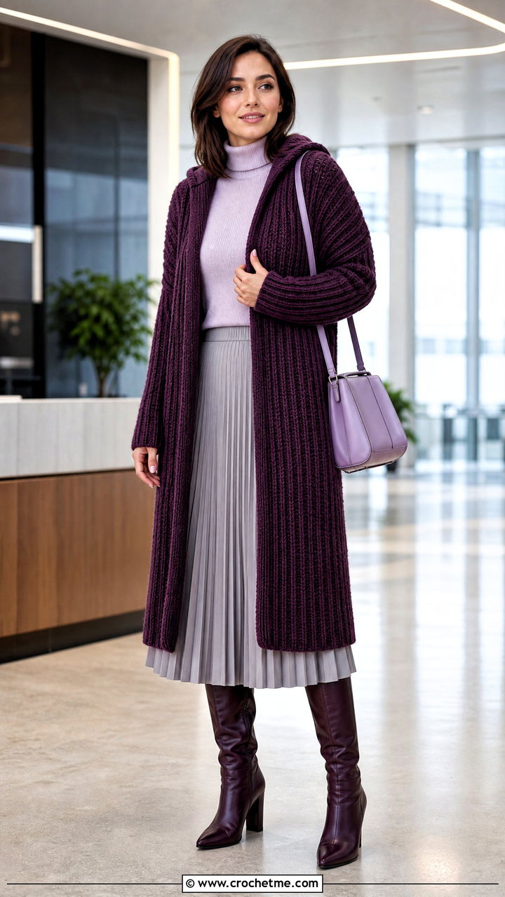 Ribbed Crochet Hooded Cardigan With Pleated Midi Skirt - 35 crochet hooded cardigan outfit ideas