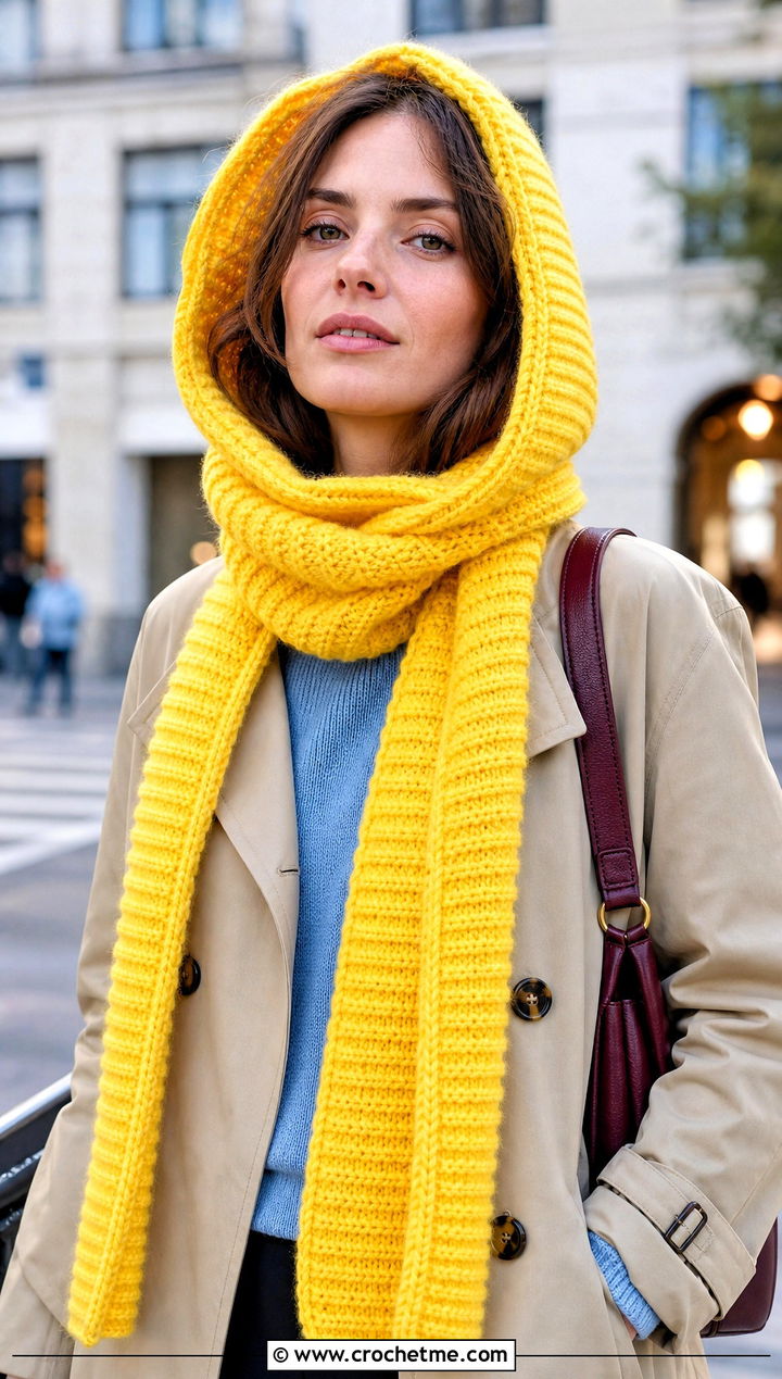 Ribbed Crochet Hooded Scarf With Trench Coat Outfit - 30 crochet scarf with hood outfit ideas