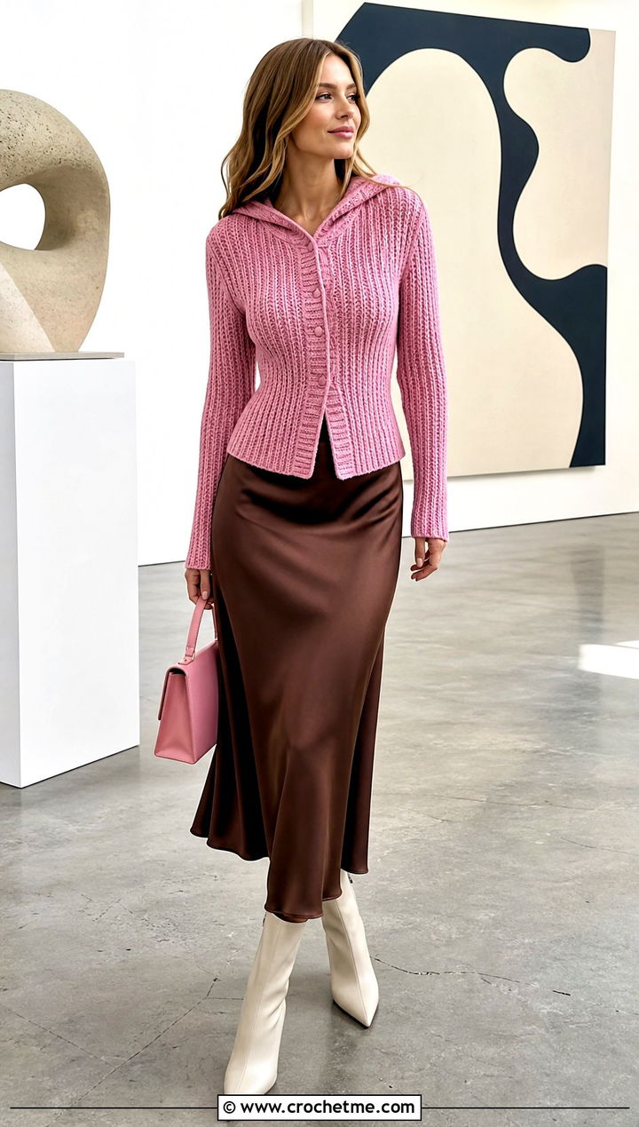 Ribbed Crochet Hooded Sweater With Satin Midi Skirt - 30 crochet hooded sweater outfit ideas