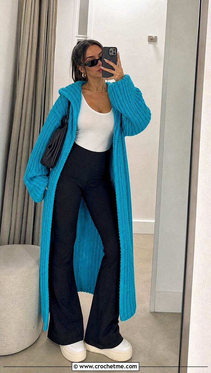 Ribbed Crochet Hoodie Blanket With Flared Leggings - 25 crochet hoodie blanket outfit ideas