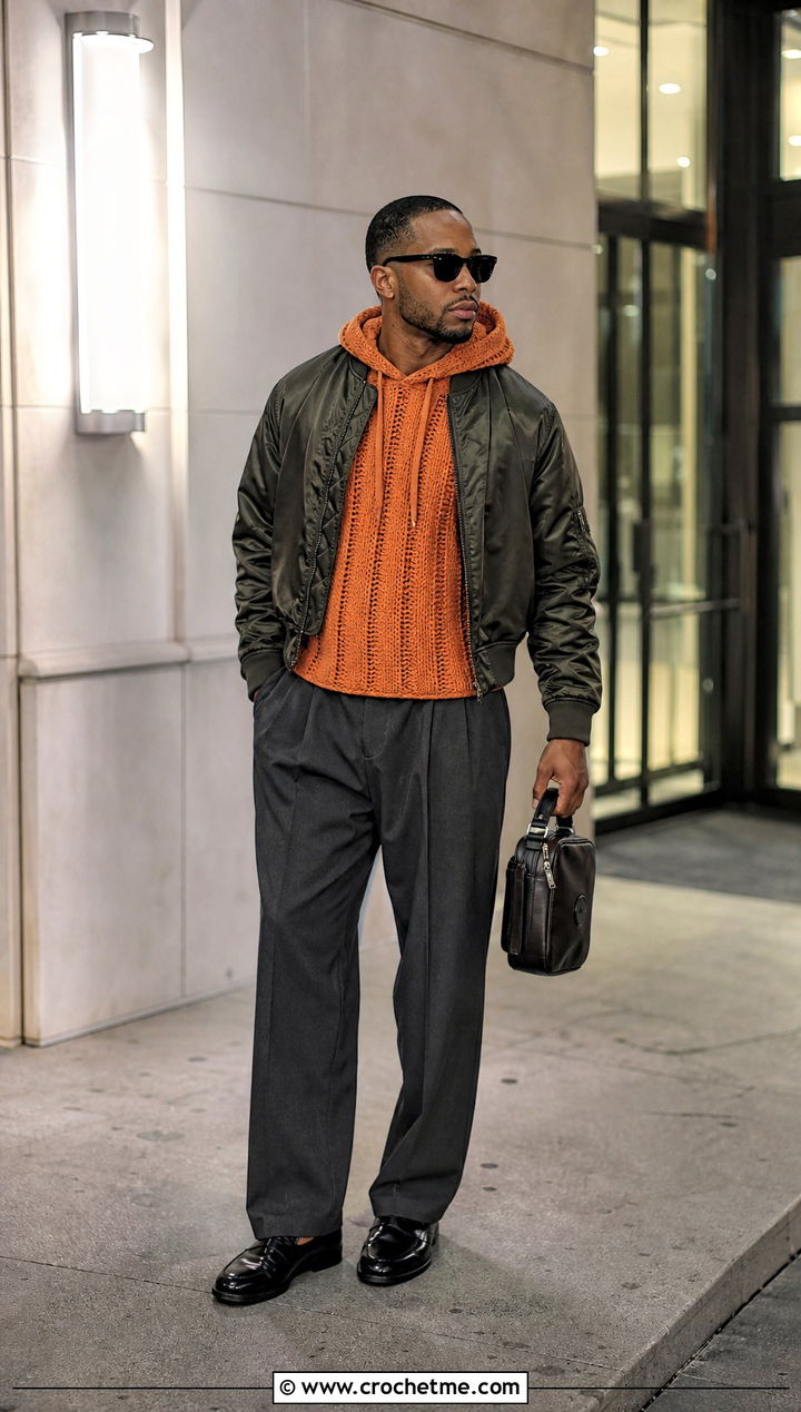 Ribbed Crochet Hoodie With Bomber Jacket And Pleated Pants - 25 Crochet Hoodie Men outfit ideas
