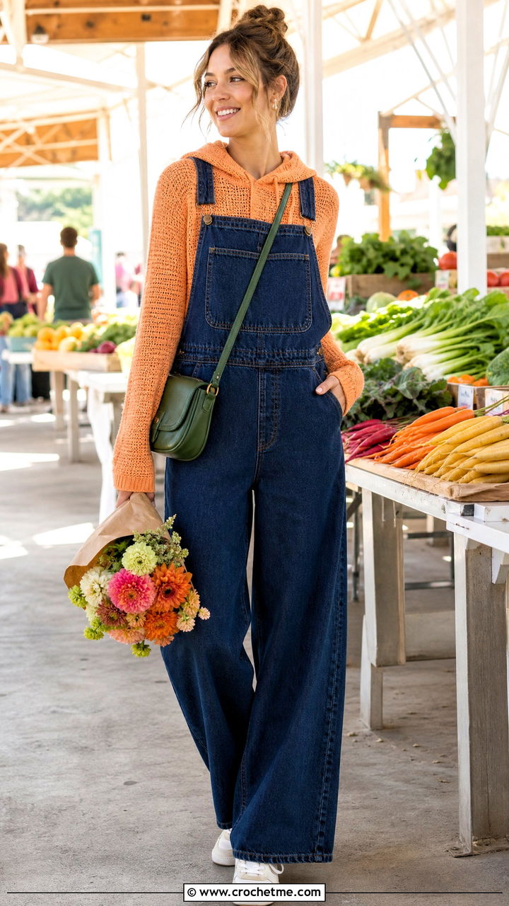 Ribbed Crochet Hoodie With Denim Overalls - 35 crochet hoodie outfit ideas