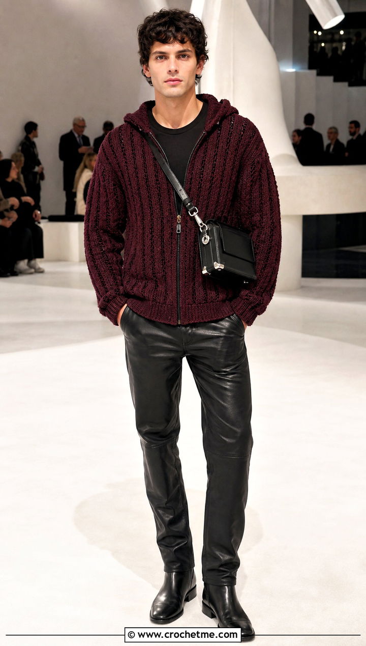 Ribbed Crochet Hoodie With Leather Pants - 30 crochet mens hoodie outfit ideas