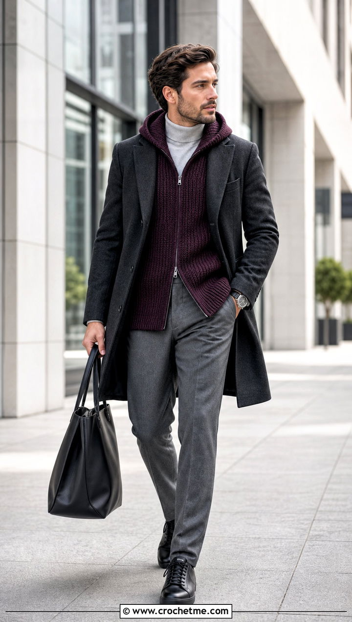 Ribbed Crochet Hoodie With Wool Trousers - 35 crochet hoodie for men outfit ideas