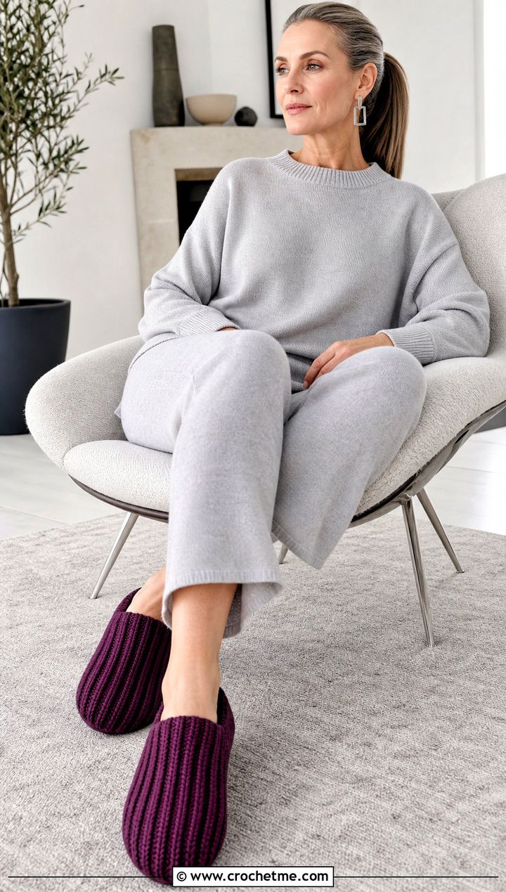 Ribbed Crochet House Shoes With a Minimal Co Ord - 25 crochet house shoes outfit ideas