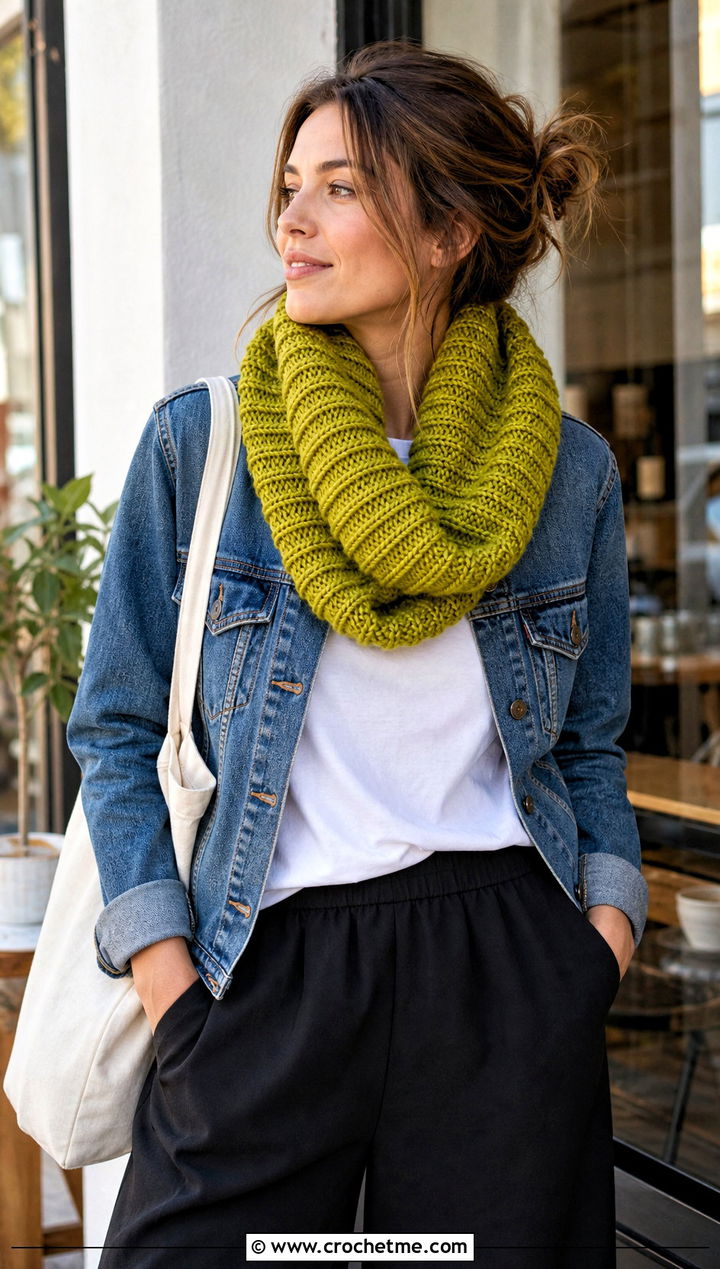 Ribbed Crochet Infinity Scarf With Denim Jacket - 20 Ribbed Crochet Scarf outfit ideas