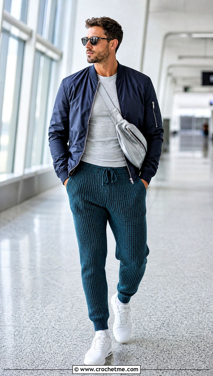 Ribbed Crochet Jogger Pants With Bomber Jacket - 15 crochet men pants outfit ideas