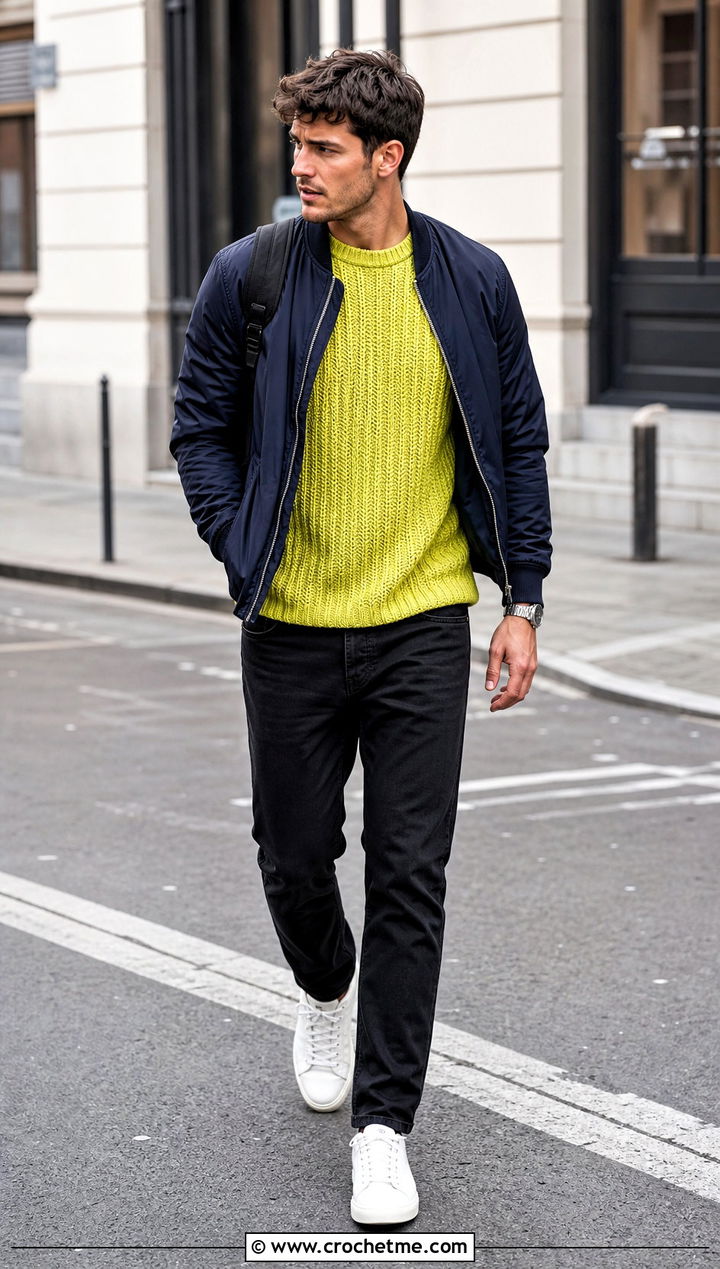 Ribbed Crochet Jumper With A Bomber Jacket - 35 men crochet jumper outfit ideas