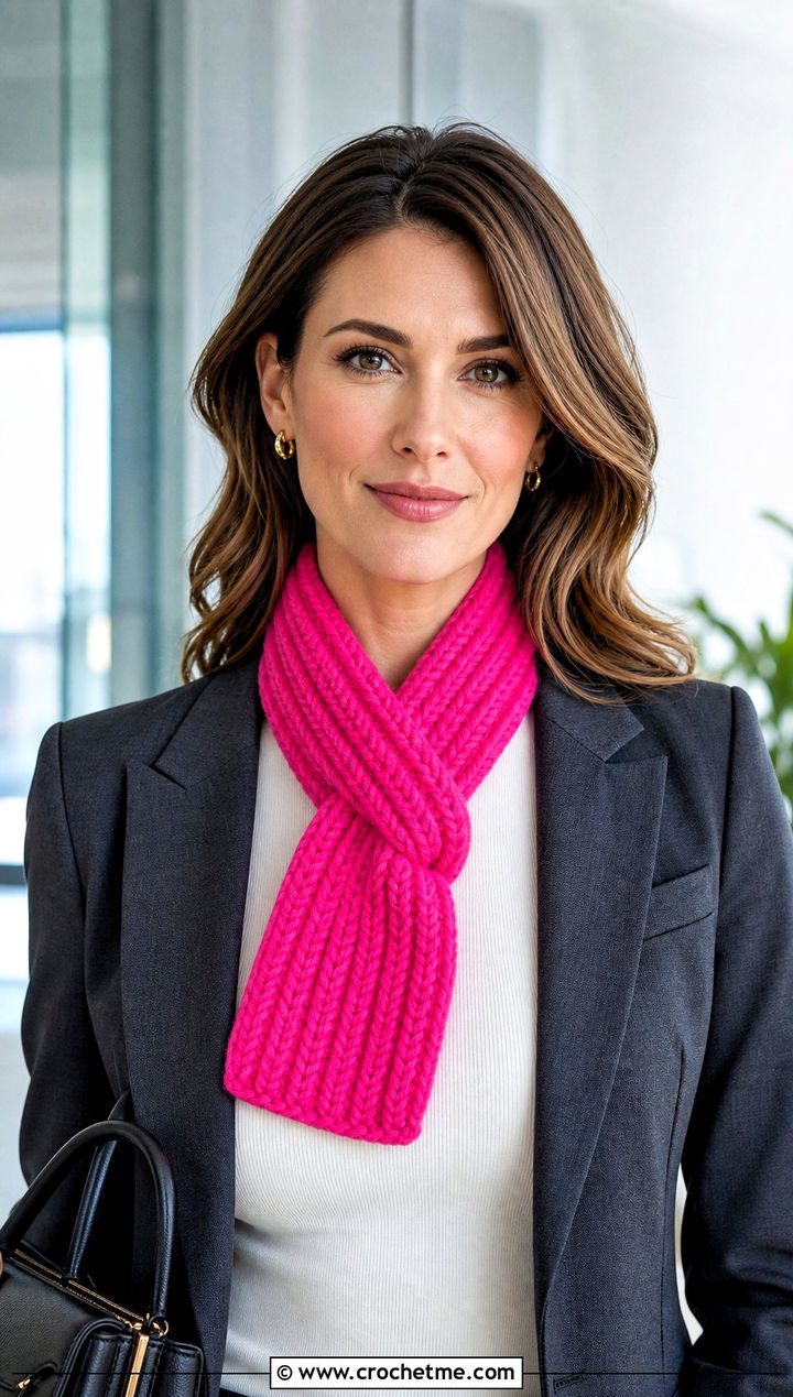 Ribbed Crochet Keyhole Scarf With Tailored Blazer - 20 Ribbed Crochet Scarf outfit ideas