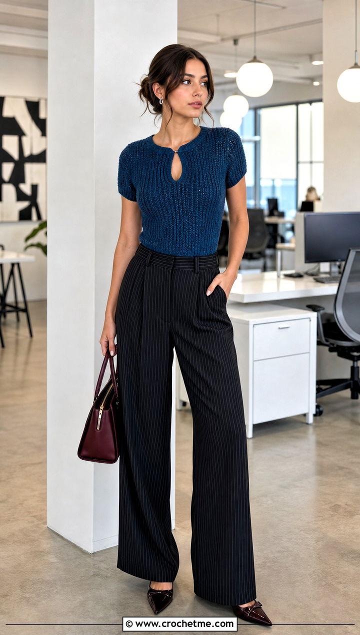 Ribbed Crochet Keyhole Top With Pinstripe Trousers - 30 crochet keyhole top outfit ideas