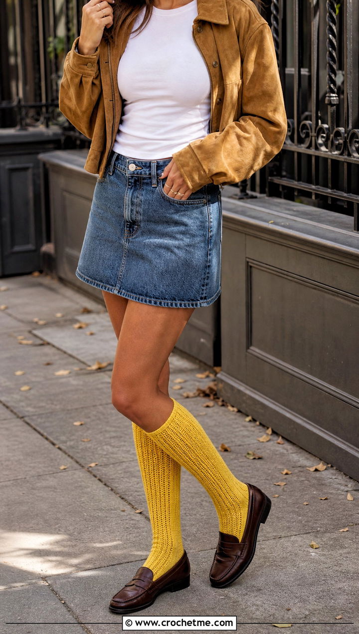 Ribbed Crochet Knee High Socks With Denim Skirt - 30 crochet long socks outfit ideas
