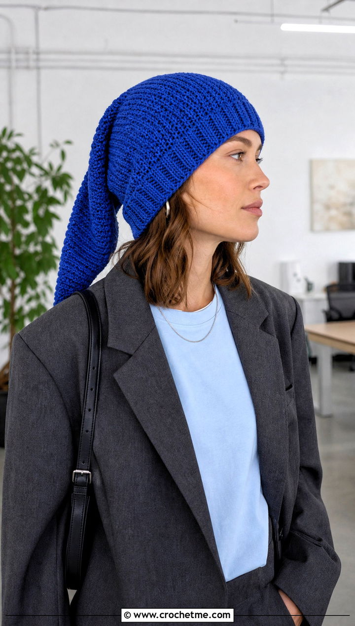 Ribbed Crochet Link Hat With Oversized Blazer - 30 crochet link hat outfit ideas