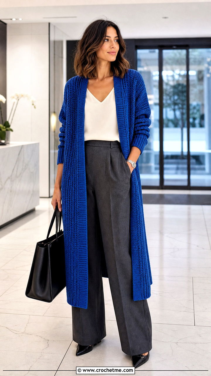 Ribbed Crochet Long Cardigan With Tailored Trousers - 35 crochet long cardigan outfit ideas