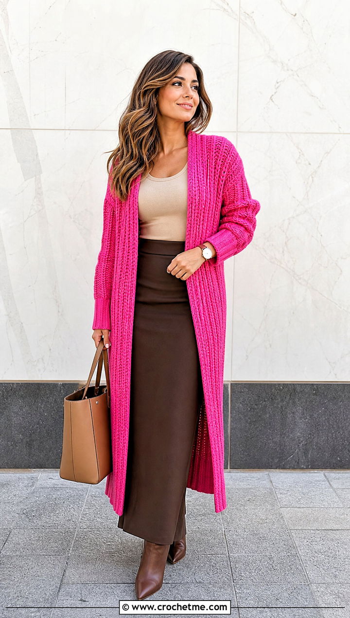 Ribbed Crochet Long Cardigan With a Column Skirt - 20 Easy Crochet Long Cardigan outfit ideas