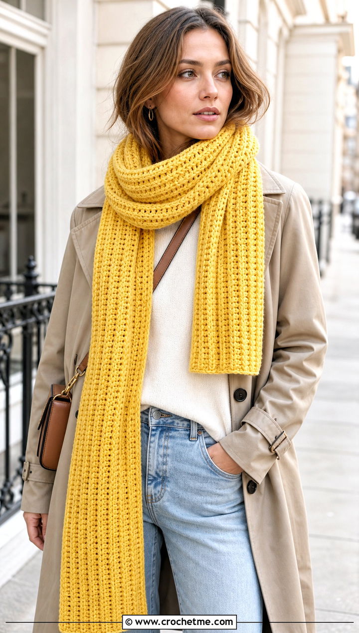 Ribbed Crochet Long Scarf With Trench Coat And Jeans - 25 Crochet Long Scarf outfit ideas