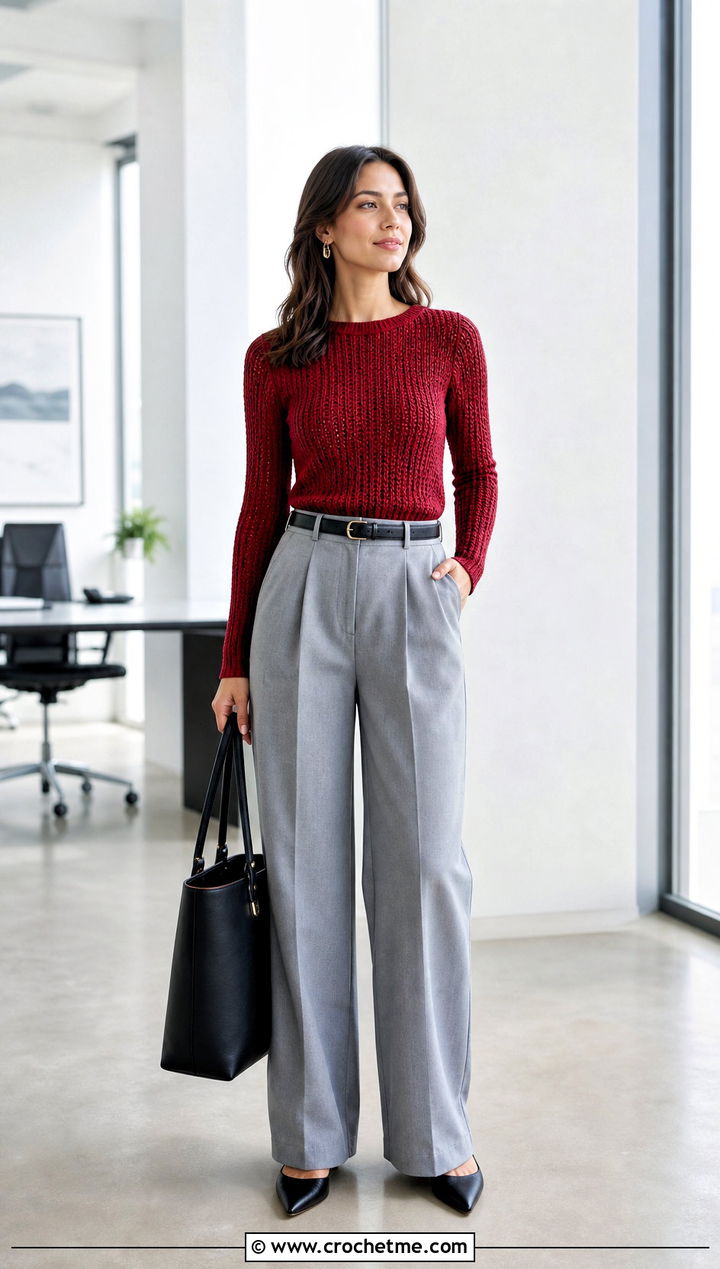 Ribbed Crochet Long Sleeve Top With Suit Pants - 25 long sleeve crochet top outfit ideas