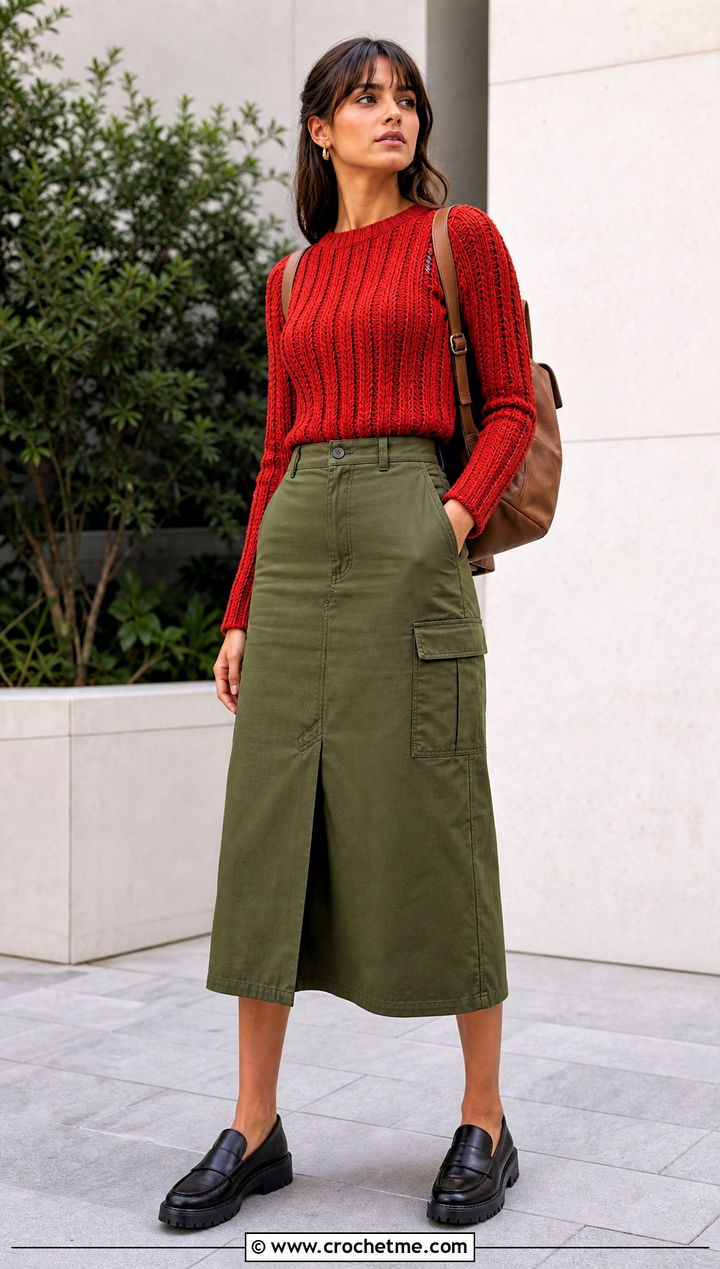 Ribbed Crochet Long Sleeve Top With Utility Skirt - 35 crochet long sleeve tops outfit ideas
