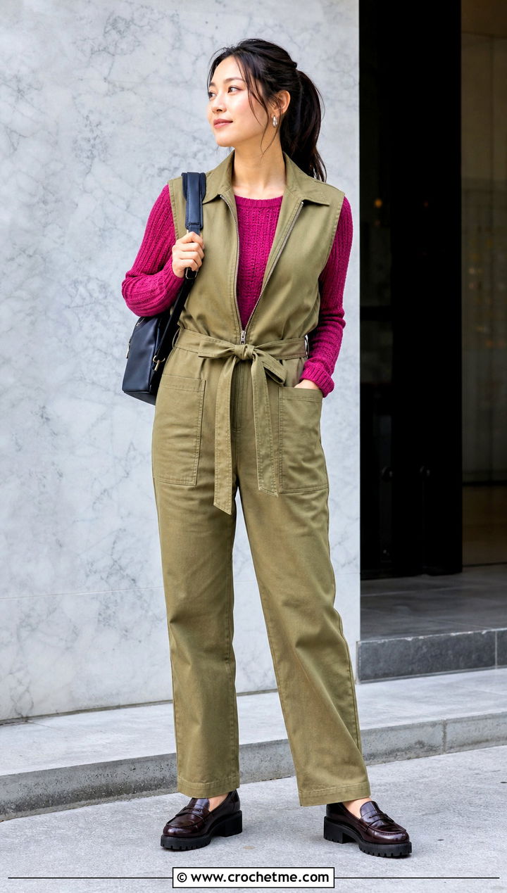Ribbed Crochet Long Sleeved Top With Utility Jumpsuit - 25 Crochet Long Sleeved Top outfit ideas