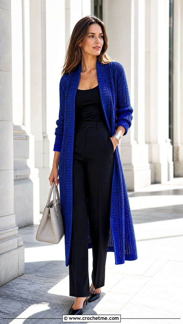 Ribbed Crochet Long Sweater With Minimal Black Trousers - 35 crochet long sweater outfit ideas