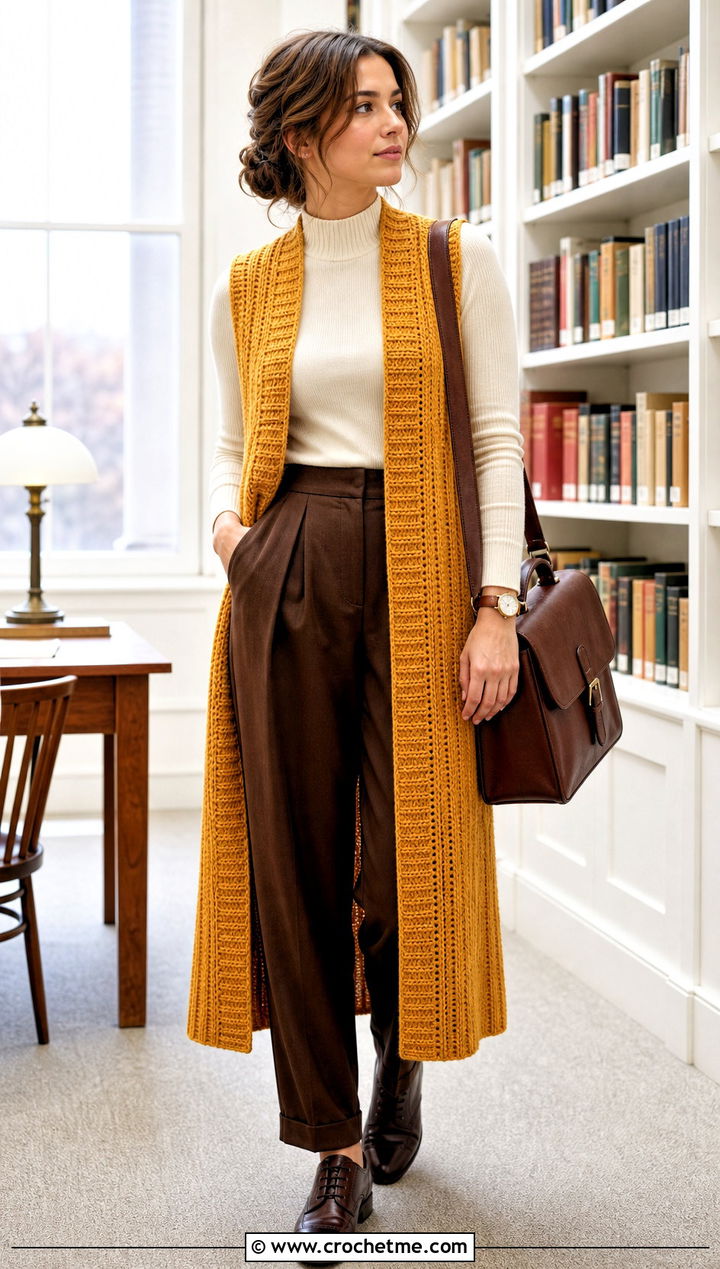 Ribbed Crochet Long Vest With Pleated Trousers - 25 Easy Crochet Long Vest outfit ideas