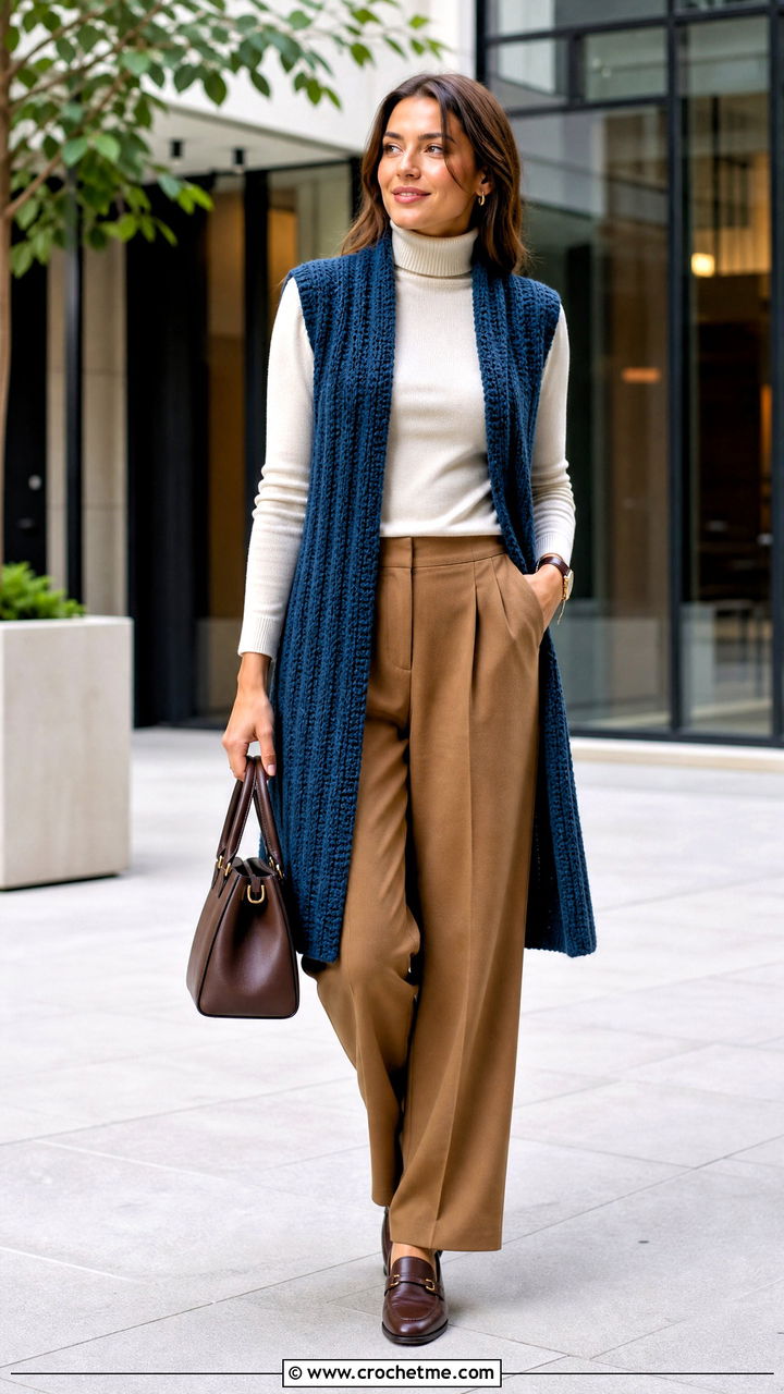 Ribbed Crochet Long Vest With Turtleneck And Wool Trousers - 35 Crochet Long Vest outfit ideas