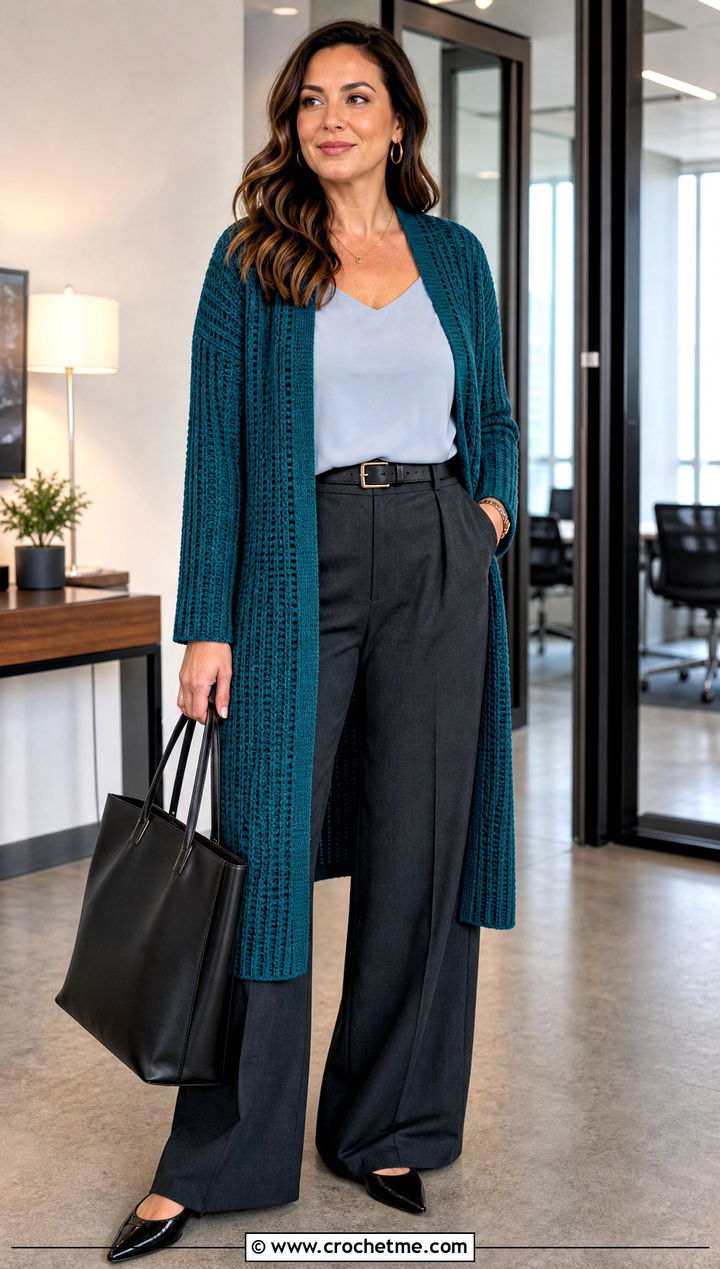 Ribbed Crochet Longline Cardigan With Wide Leg Trousers - 20 Crochet Longline Cardigan outfit ideas