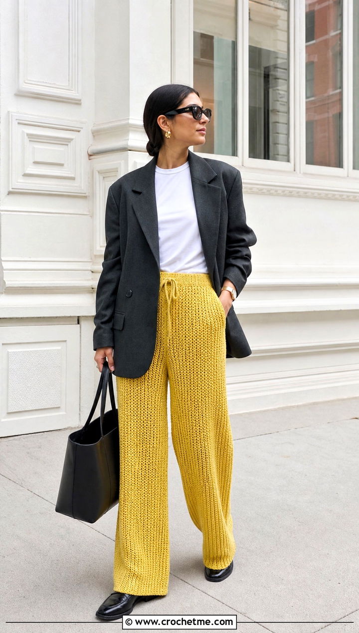 Ribbed Crochet Lounge Pants With An Oversized Blazer - 30 crochet lounge pants outfit ideas