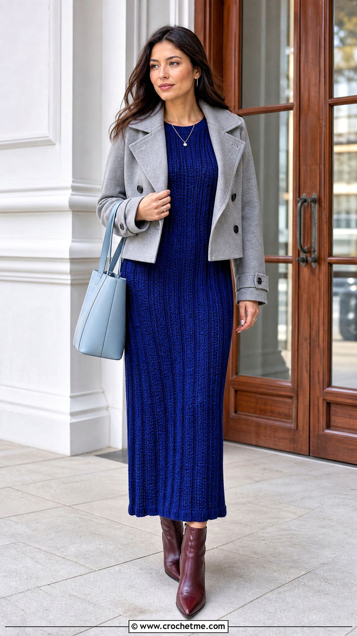 Ribbed Crochet Maxi Dress With Peacoat And Ankle Boots - 35 crochet dress outfits ideas