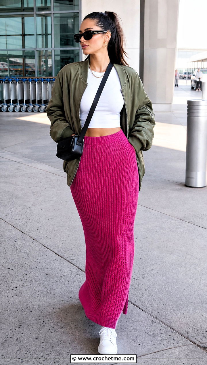 Ribbed Crochet Maxi Skirt With Bomber Jacket And Sneakers - 25 Sunday Kalogeras Crochet Skirt outfit ideas