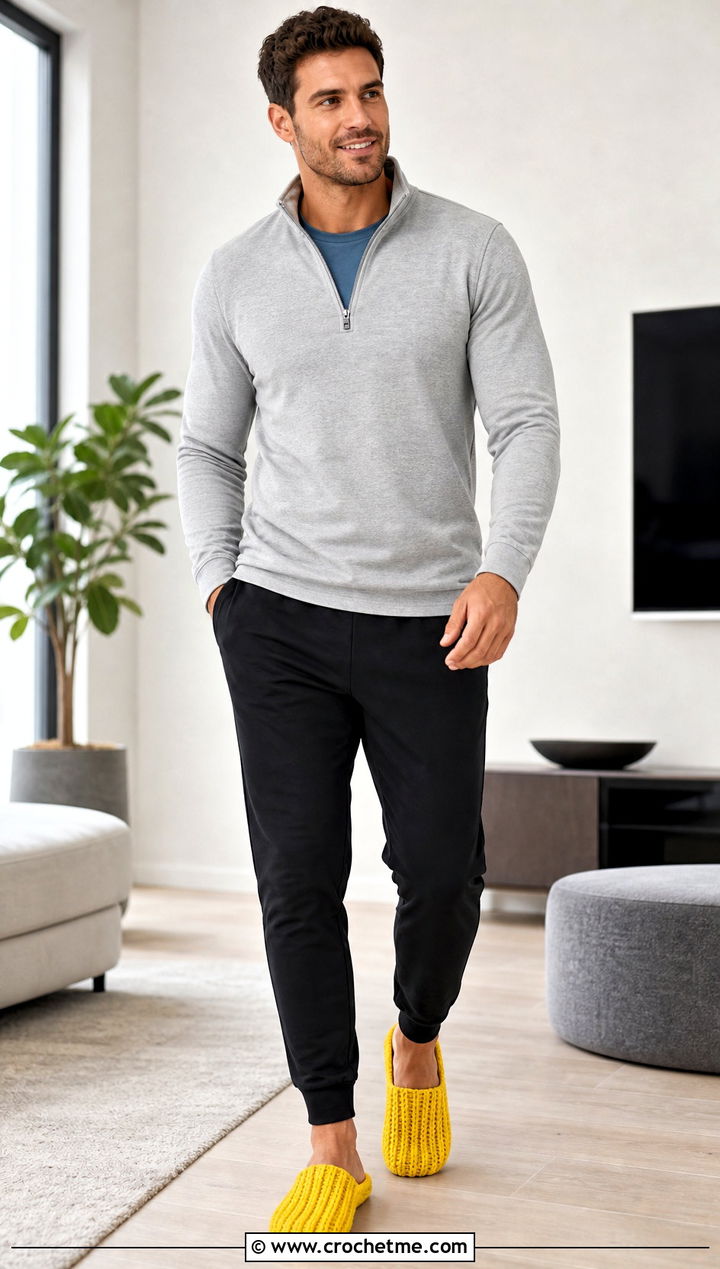 Ribbed Crochet Mens Slippers With an Athleisure Outfit - 30 crochet men's slippers outfit ideas