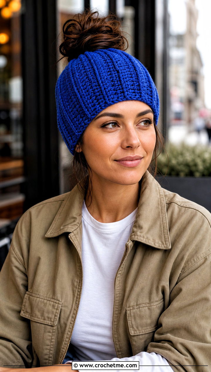 Ribbed Crochet Messy Bun Beanie With Straight Leg Jeans - 15 Crochet Bun Hats outfit ideas