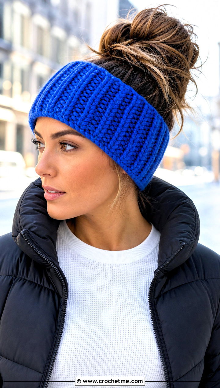 Ribbed Crochet Messy Bun Ear Warmer With Puffer Jacket - 20 Crochet Messy Bun Ear Warmer outfit ideas