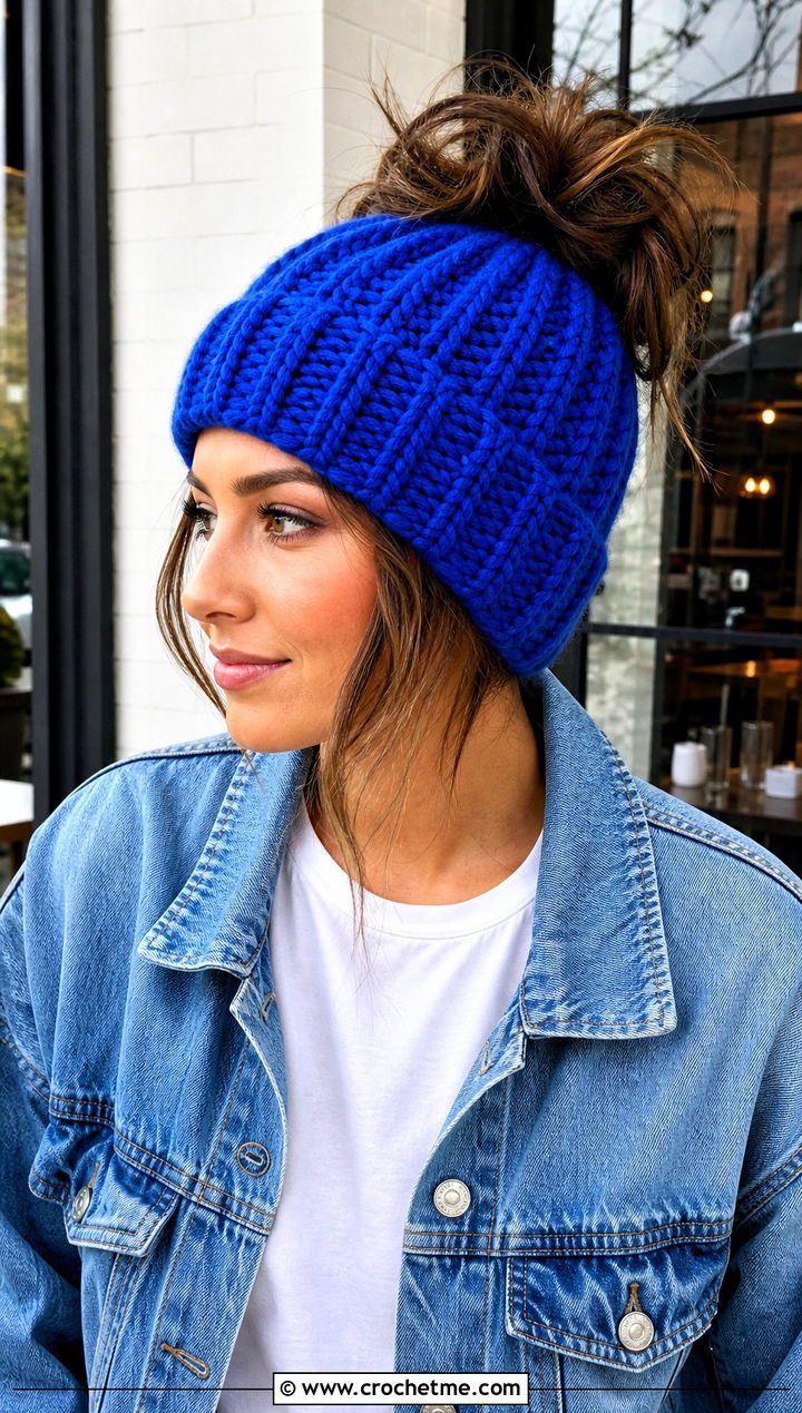 Ribbed Crochet Messy Bun Hat With Denim Jacket - 15 Easy Crochet Messy Bun Hat outfit ideas