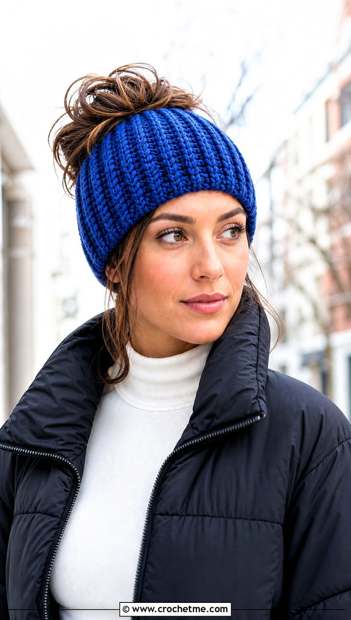 Ribbed Crochet Messy Bun Hat With Elastic And Puffer Jacket - 25 Crochet Messy Bun Hat With Elastic outfit ideas