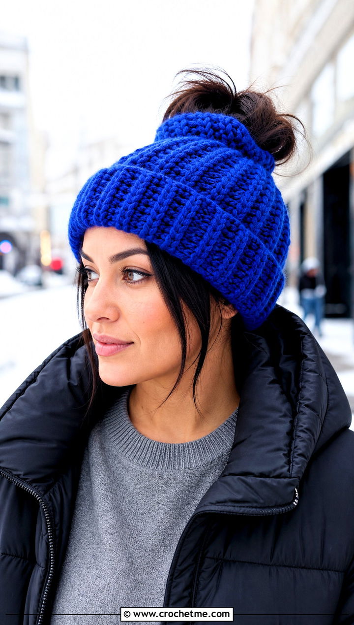 Ribbed Crochet Messy Bun Hat With Puffer Jacket - 20 Crochet Messy Bun Hat Bulky Yarn outfit ideas