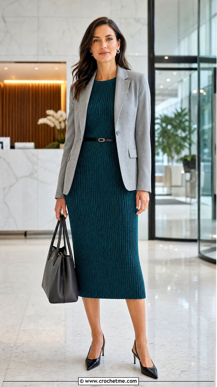 Ribbed Crochet Midi Dress With Blazer - 35 crochet dresses outfit ideas