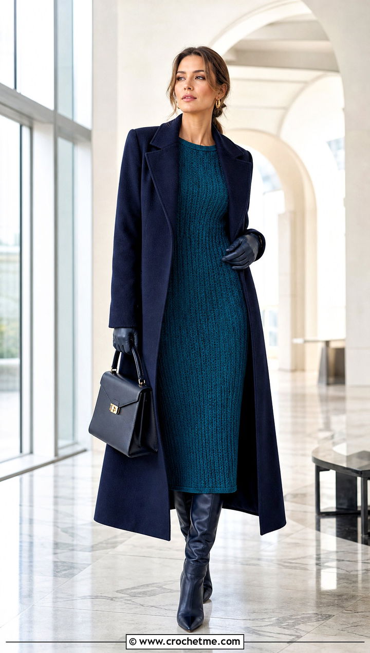 Ribbed Crochet Midi Dress With Long Wool Coat - 30 crochet dress for winter outfit ideas