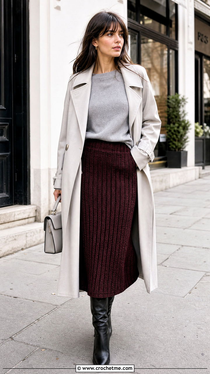 Ribbed Crochet Midi Skirt With Fine Knit Sweater - 35 crochet midi skirt outfit ideas