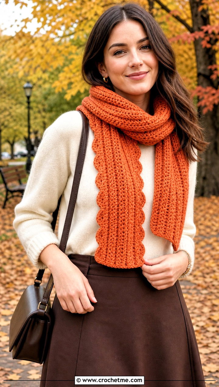 Ribbed Crochet Mini Scarf With Sweater And Midi Skirt - 30 mini crochet scarf outfit ideas