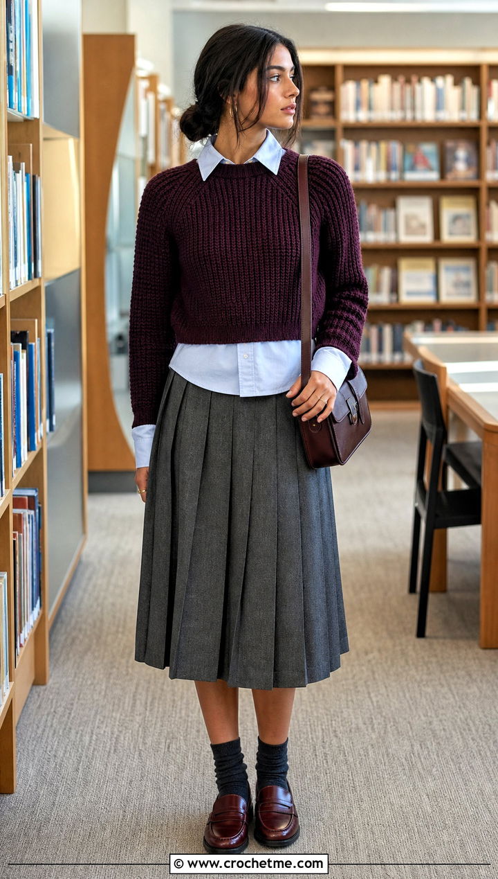 Ribbed Crochet Mini Sweater With Pleated Skirt - 25 Mini Crochet Sweater outfit ideas