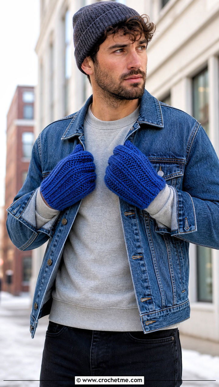 Ribbed Crochet Mittens With Denim Jacket - 25 Mens Crochet Mittens outfit ideas