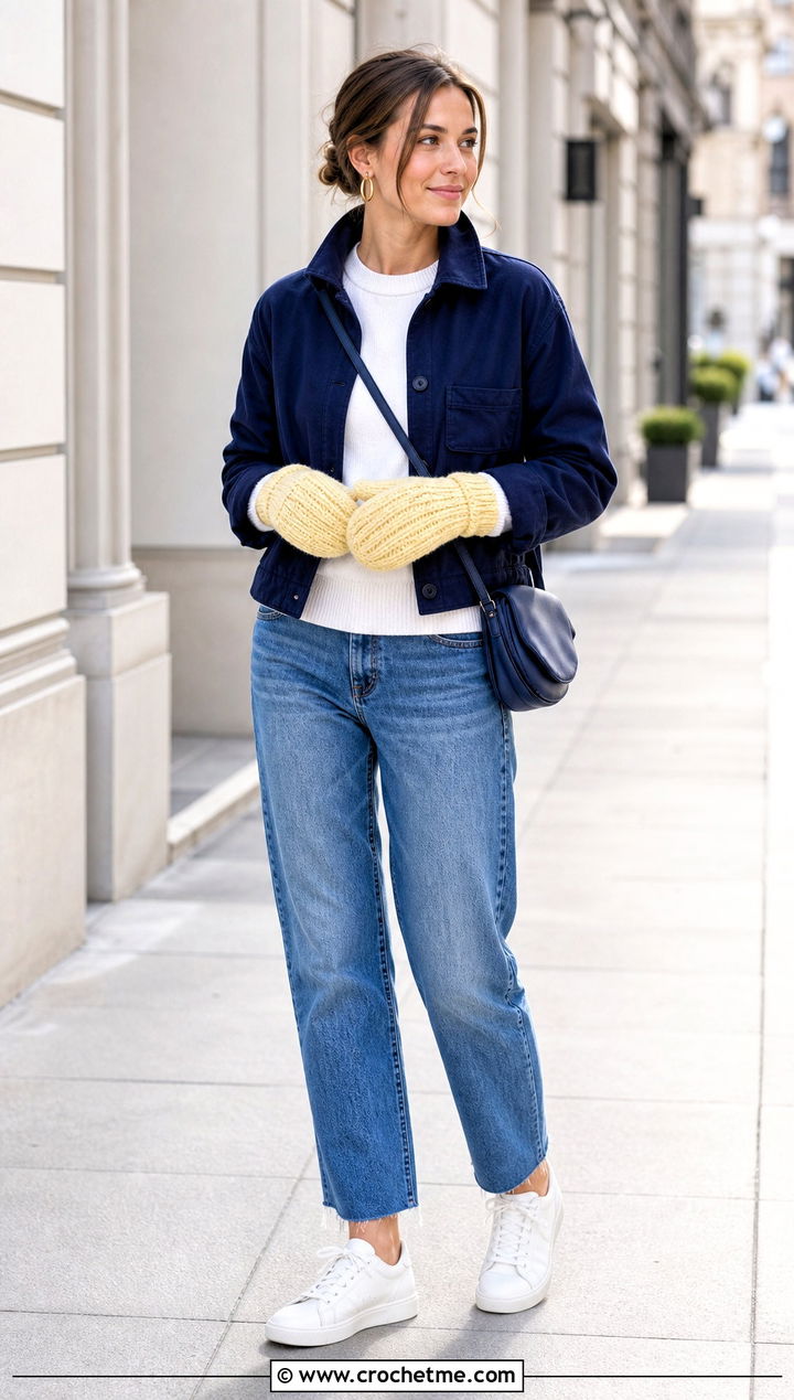 Ribbed Crochet Mittens With Straight Leg Jeans - 35 easy crochet mittens for beginners outfit ideas