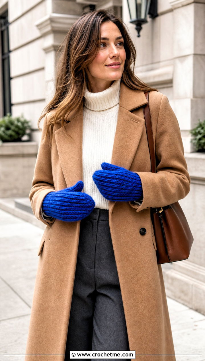 Ribbed Crochet Mittens With Wool Coat - 25 women crochet mittens outfit ideas
