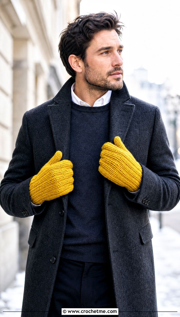 Ribbed Crochet Mittens With Wool Overcoat - 25 Crochet Mens Mittens outfit ideas